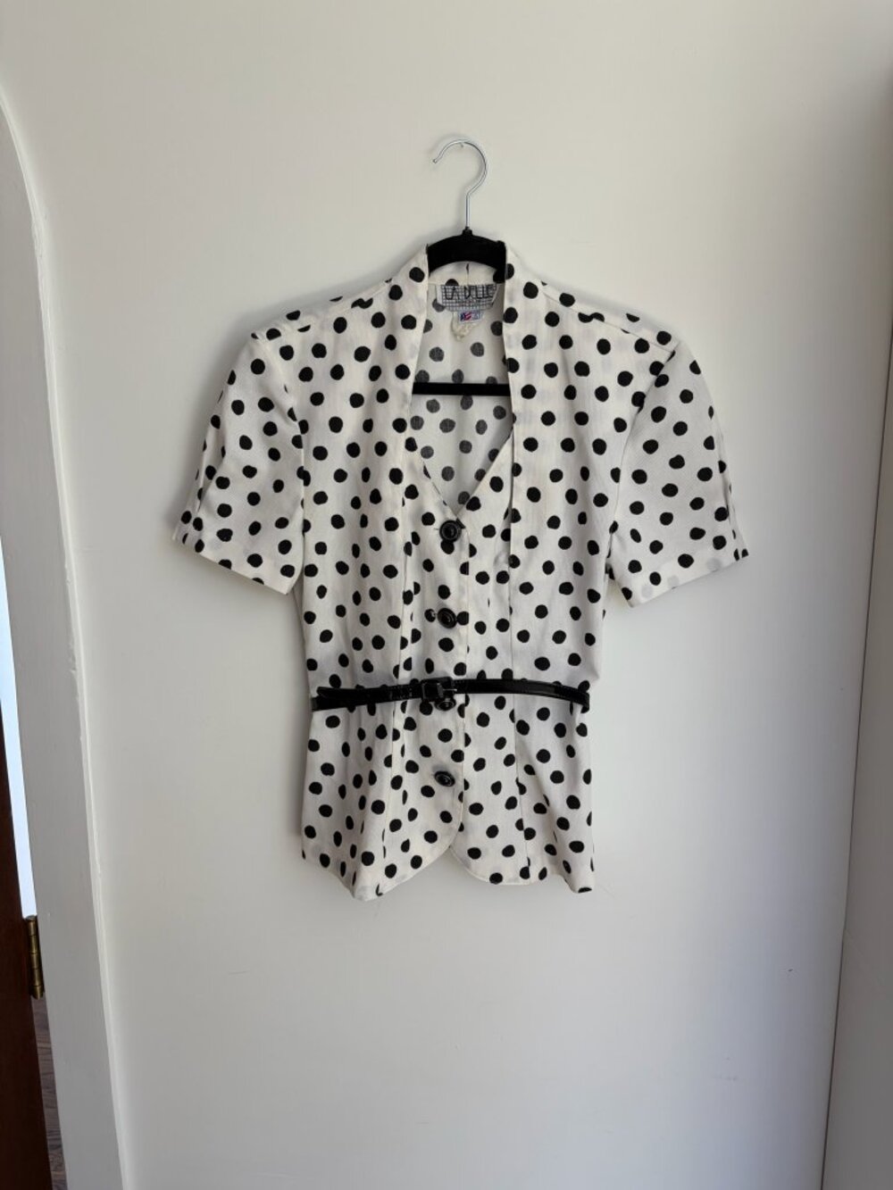 Belle Fashions Polka Dot Peplum Blouse Made in USA Black & White Retro Top